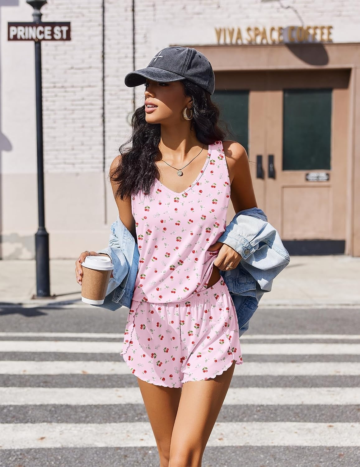 image:imageEkouaer Womens Pajama Sets Cami Shorts Set Viscose from Bamboo Tank Top and Shorts 2 Piece Soft Sleeveless Lounge SetCherry Blossom Print