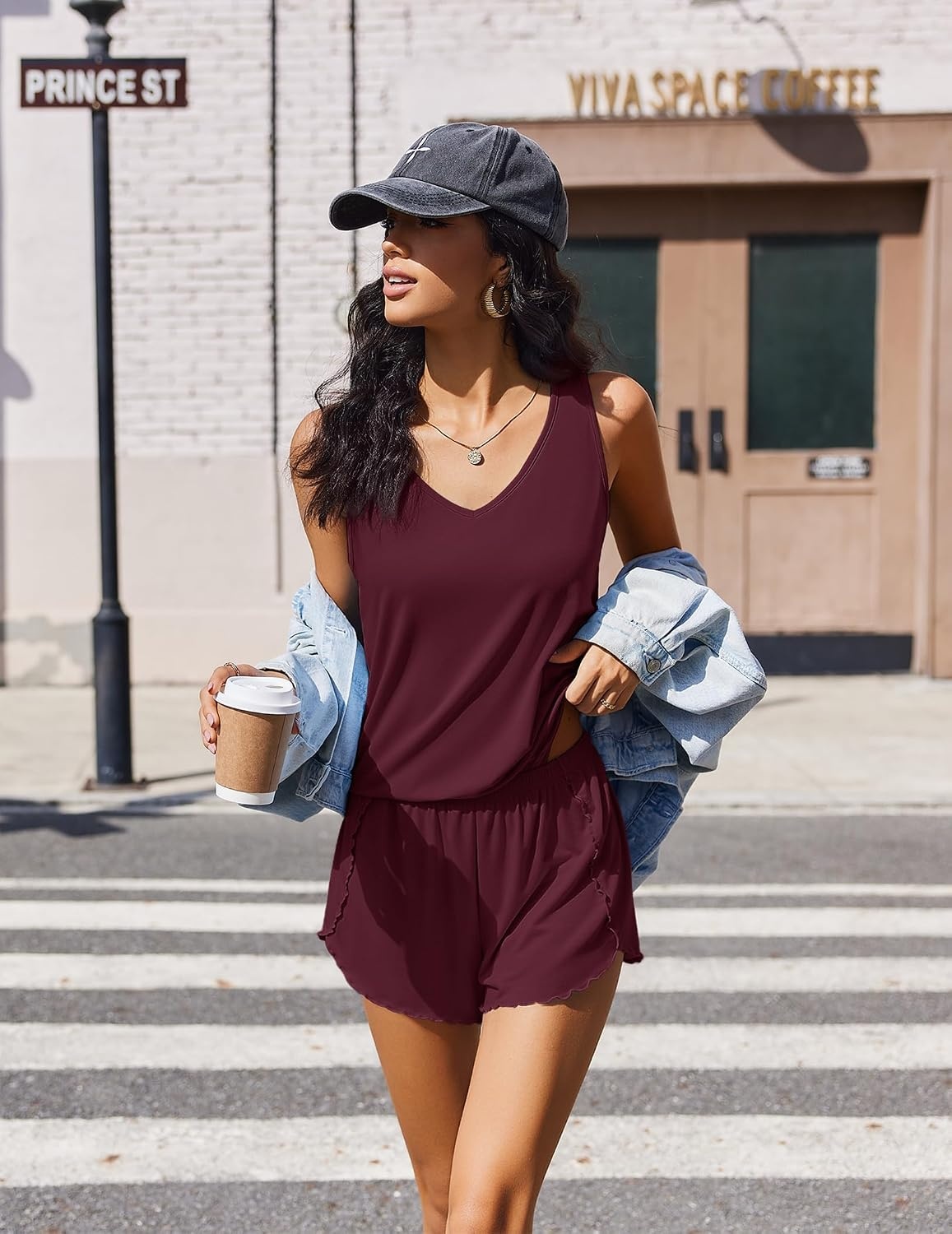 image:imageEkouaer Womens Pajama Sets Cami Shorts Set Viscose from Bamboo Tank Top and Shorts 2 Piece Soft Sleeveless Lounge SetDark Red