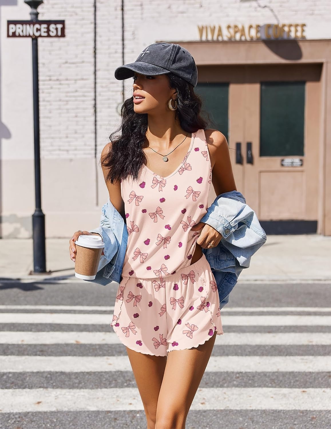 image:imageEkouaer Womens Pajama Sets Cami Shorts Set Viscose from Bamboo Tank Top and Shorts 2 Piece Soft Sleeveless Lounge SetPink Bow Print