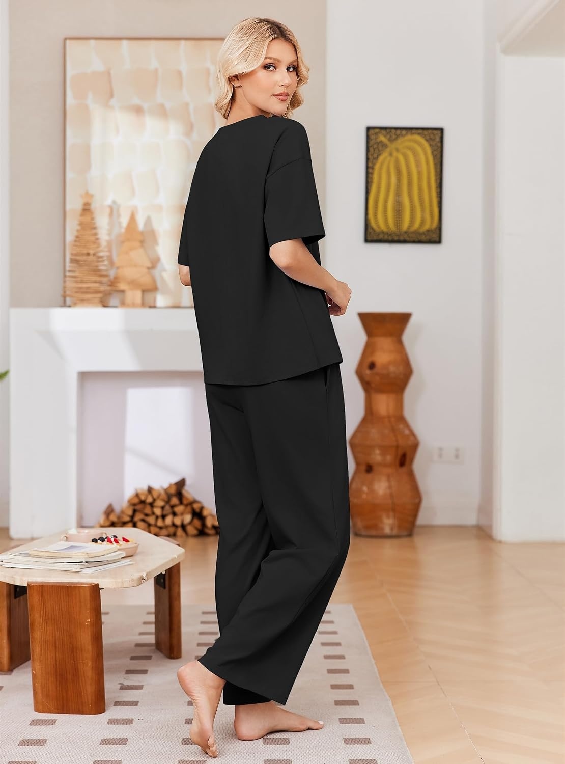 image:imageEkouaer Womens Pajama Sets Cotton Short Sleeve Sleepwear Long Pants Lounge Set Soft Pjs with Pockets SXXLBlack