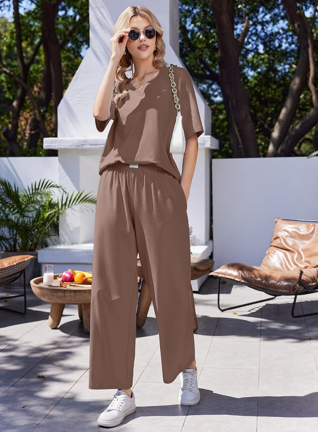 image:imageEkouaer Womens Pajama Sets Cotton Short Sleeve Sleepwear Long Pants Lounge Set Soft Pjs with Pockets SXXLBrown
