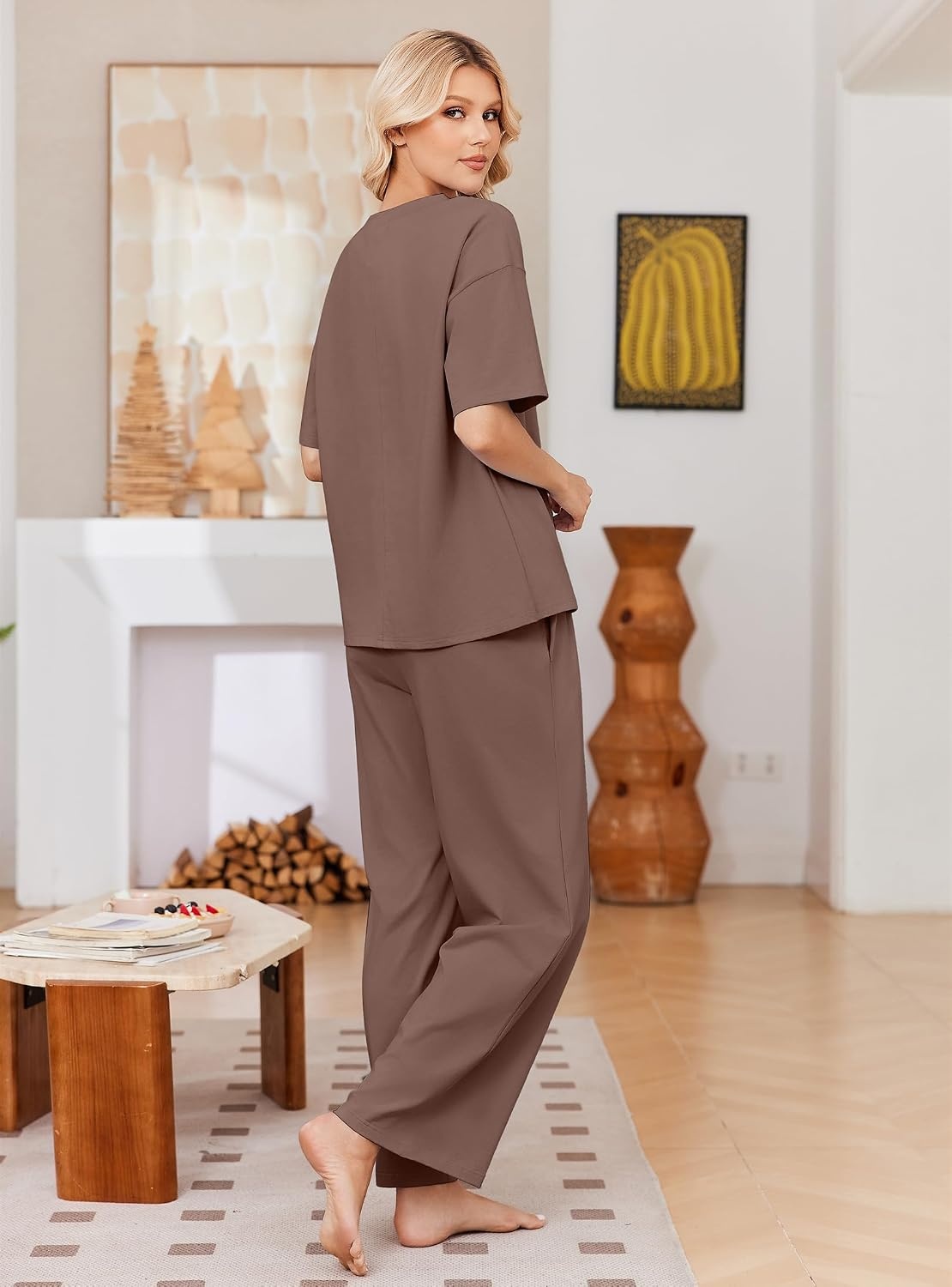 image:imageEkouaer Womens Pajama Sets Cotton Short Sleeve Sleepwear Long Pants Lounge Set Soft Pjs with Pockets SXXLBrown