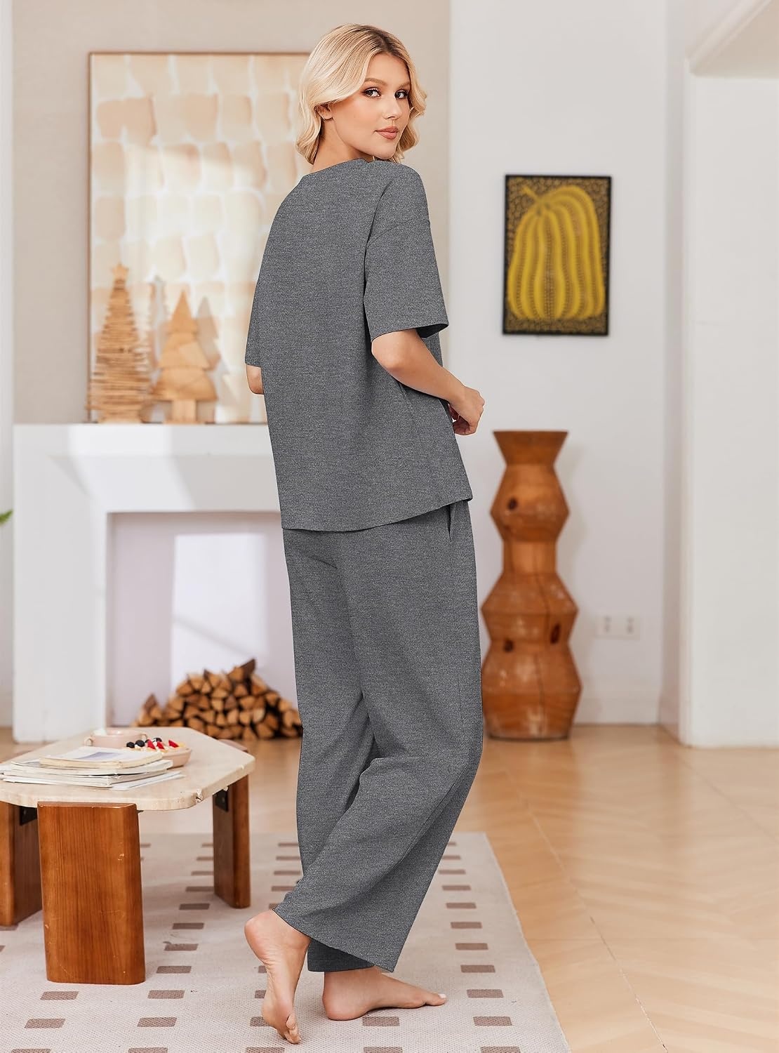 image:imageEkouaer Womens Pajama Sets Cotton Short Sleeve Sleepwear Long Pants Lounge Set Soft Pjs with Pockets SXXLDark Grey