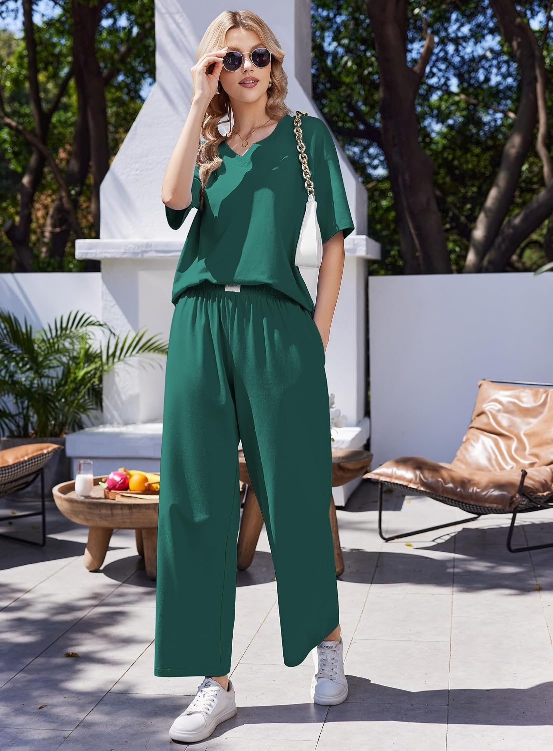 image:imageEkouaer Womens Pajama Sets Cotton Short Sleeve Sleepwear Long Pants Lounge Set Soft Pjs with Pockets SXXLGreen