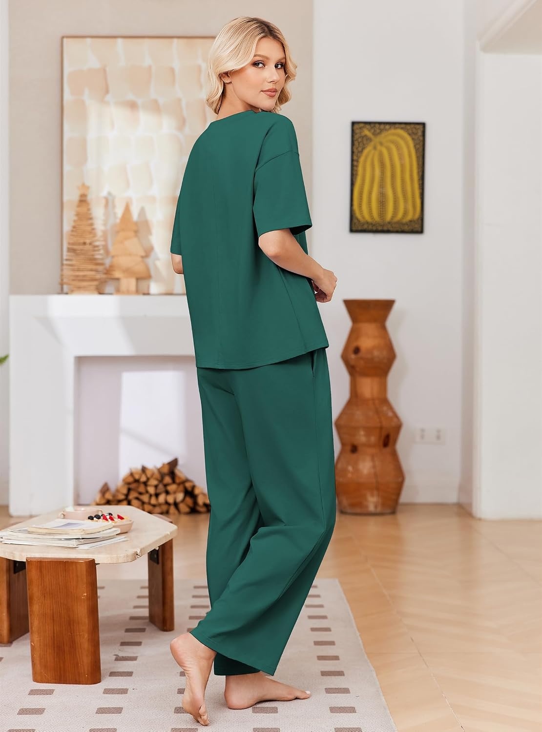image:imageEkouaer Womens Pajama Sets Cotton Short Sleeve Sleepwear Long Pants Lounge Set Soft Pjs with Pockets SXXLGreen