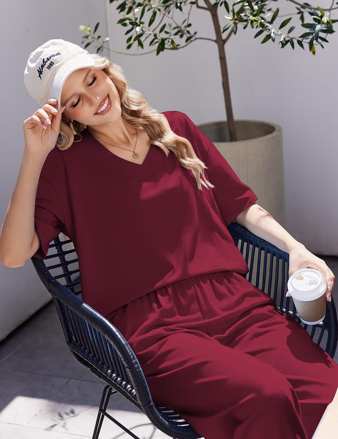 image:imageEkouaer Womens Pajama Sets Cotton Short Sleeve Sleepwear Long Pants Lounge Set Soft Pjs with Pockets SXXLWine