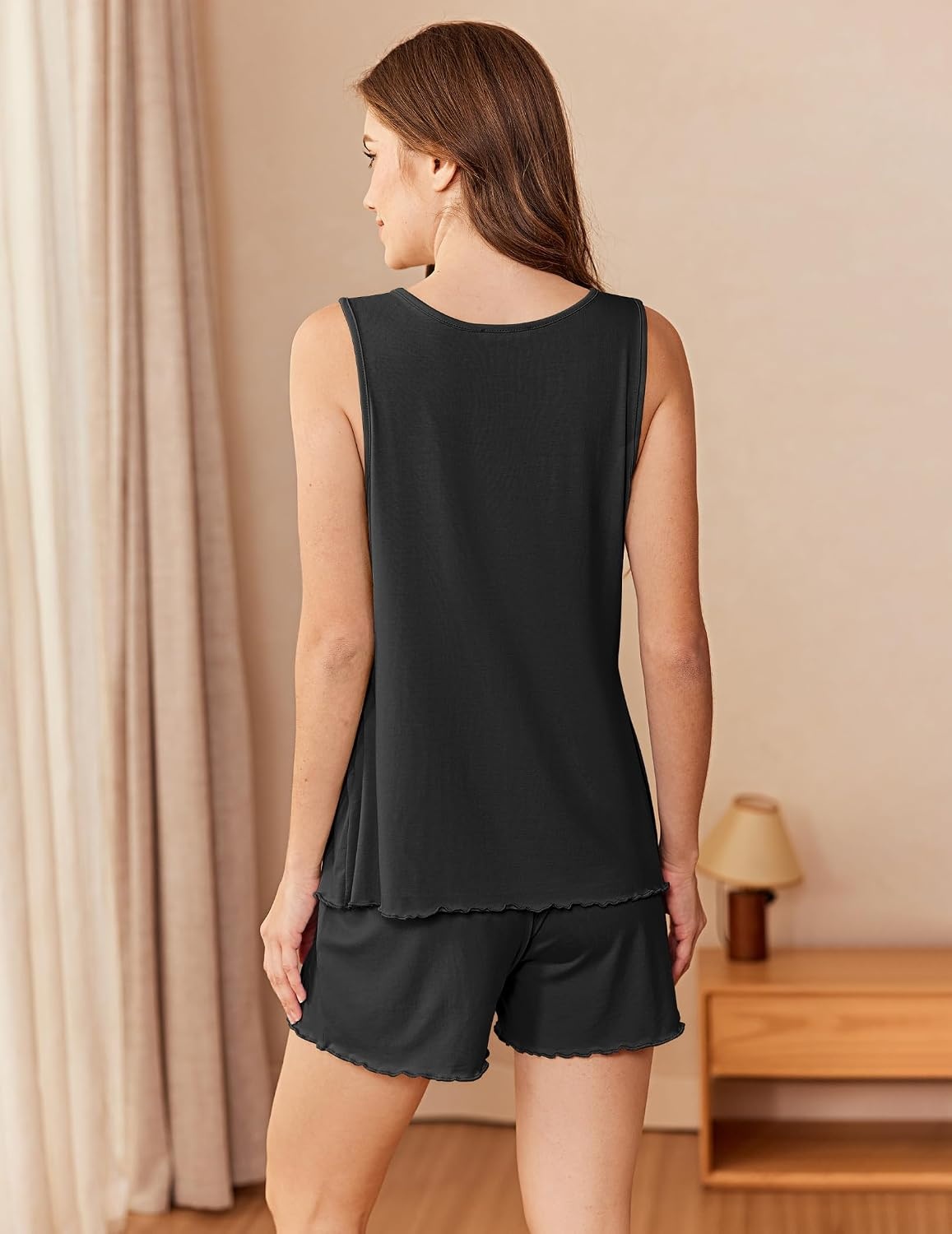 image:imageEkouaer Womens Pajama Sets Viscose from Bamboo Sleeveless Lounge Sets Soft Tank Top and Shorts 2 Piece Pj Sets with PocketsBlack