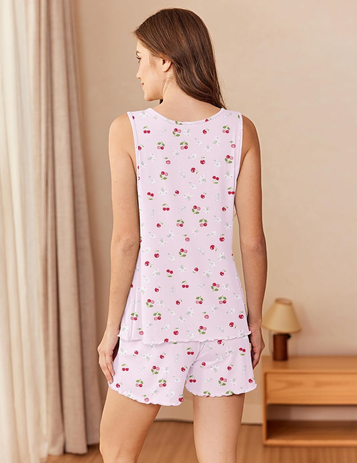 image:imageEkouaer Womens Pajama Sets Viscose from Bamboo Sleeveless Lounge Sets Soft Tank Top and Shorts 2 Piece Pj Sets with PocketsCherry