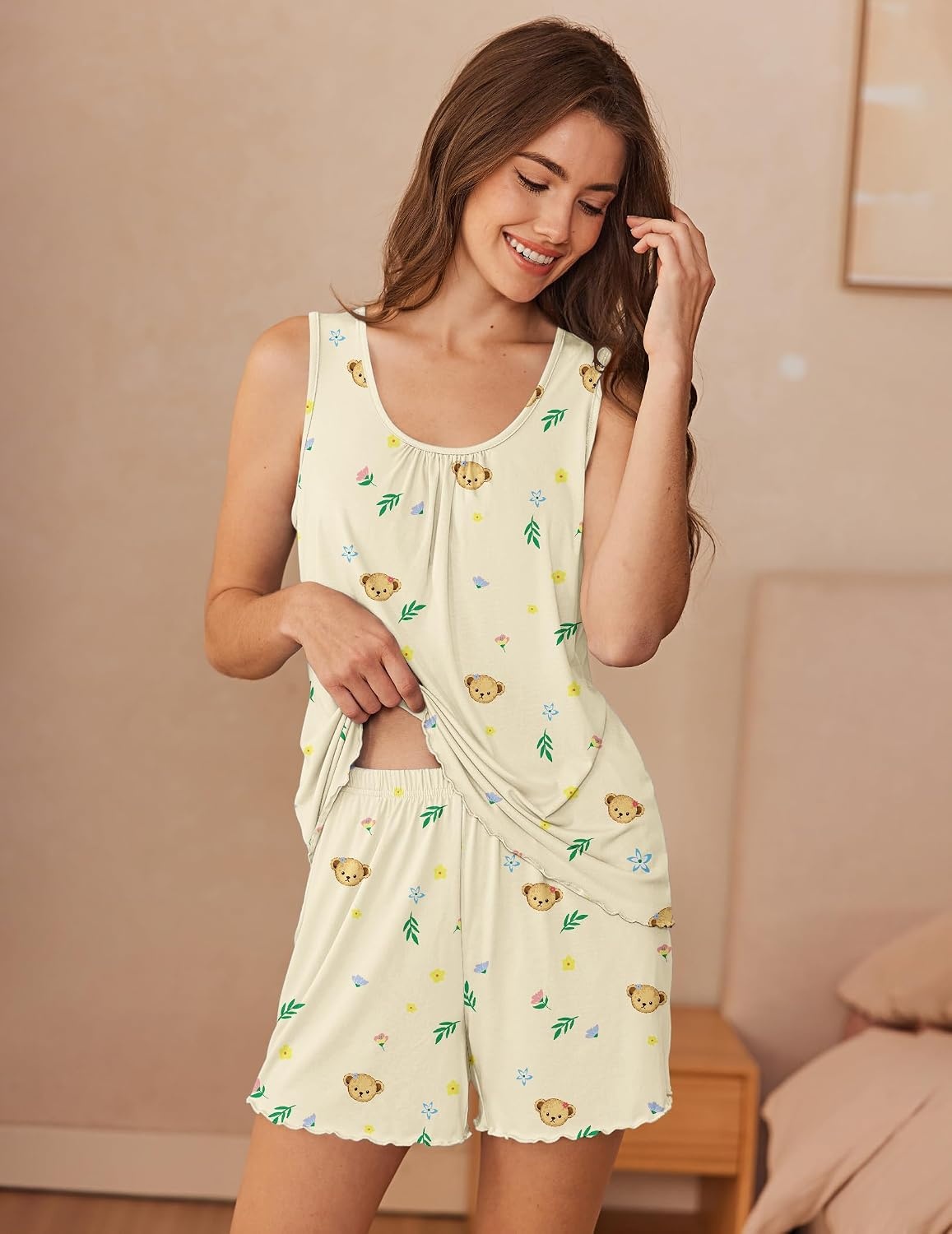 image:imageEkouaer Womens Pajama Sets Viscose from Bamboo Sleeveless Lounge Sets Soft Tank Top and Shorts 2 Piece Pj Sets with PocketsTeddy Bear