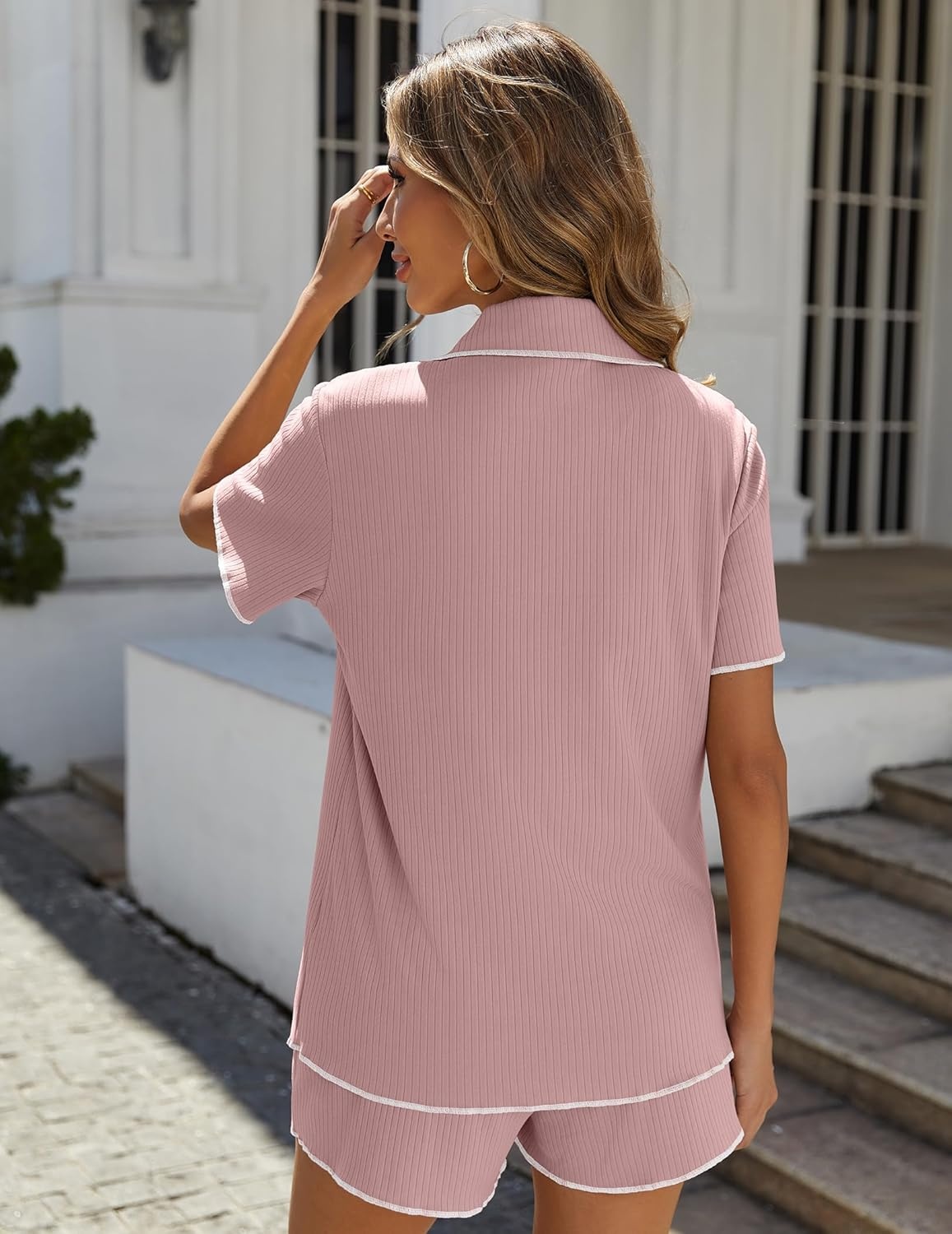 image:imageEkouaer Womens Ribbed Button Down Pajamas Sets 2 Piece Short Sleeve Shorts Pjs Knit Lounge SetsBlush Pink