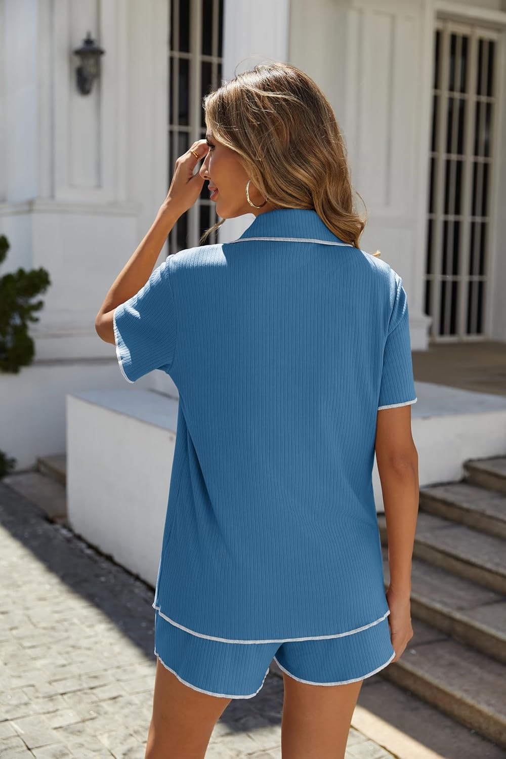 image:imageEkouaer Womens Ribbed Button Down Pajamas Sets 2 Piece Short Sleeve Shorts Pjs Knit Lounge SetsOcean Blue