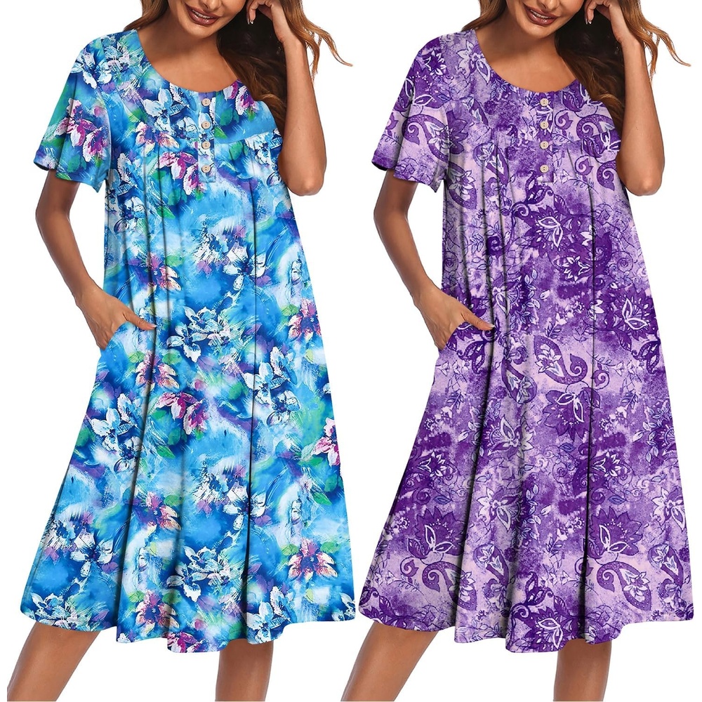 image:imageEkouaer 2 Pack House Dresses for Women with Pockets Short Sleeve Moomoo Nightgown Plus Size Mumu Dress Floral Lounge DressPrint BluePrint Purple