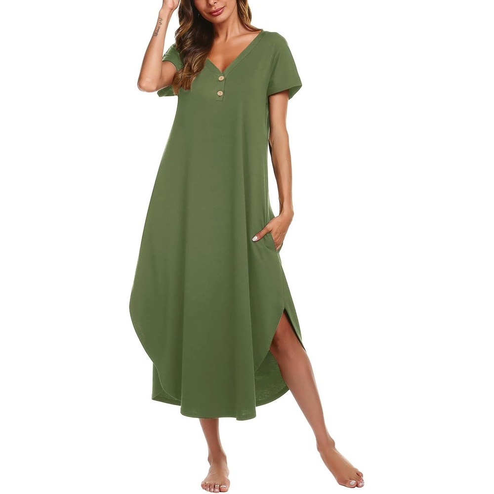 image:imageEkouaer Long Nightgowns for Women Button Night Gowns Short Sleeve Sleepwear Full Length Sleep Shirts With Pockets S4XLArmy Green