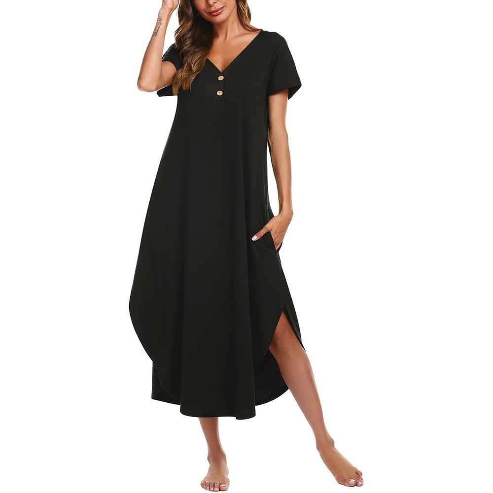 image:imageEkouaer Long Nightgowns for Women Button Night Gowns Short Sleeve Sleepwear Full Length Sleep Shirts With Pockets S4XLBlack