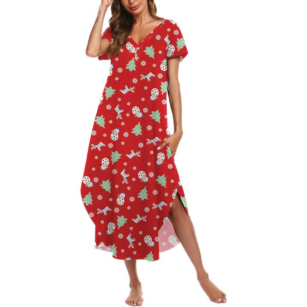 image:imageEkouaer Long Nightgowns for Women Button Night Gowns Short Sleeve Sleepwear Full Length Sleep Shirts With Pockets S4XLChristmas Elk