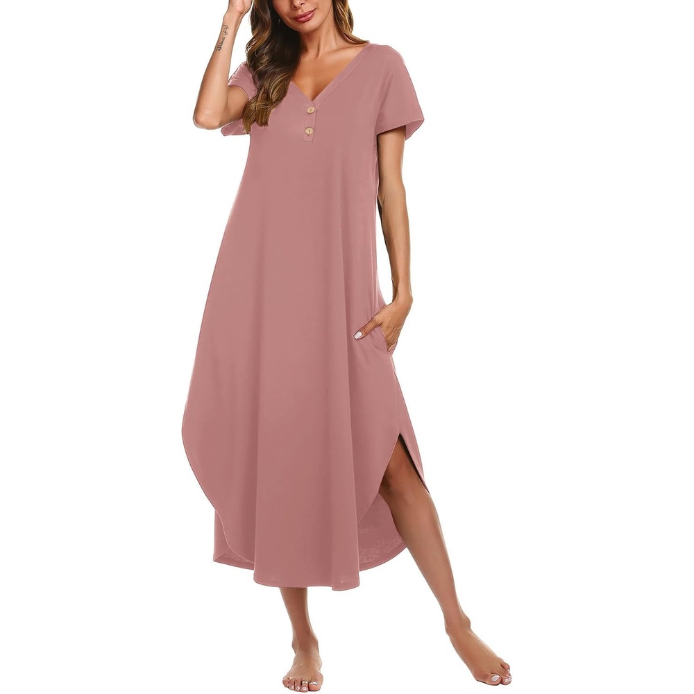 image:imageEkouaer Long Nightgowns for Women Button Night Gowns Short Sleeve Sleepwear Full Length Sleep Shirts With Pockets S4XLGray Purple Red