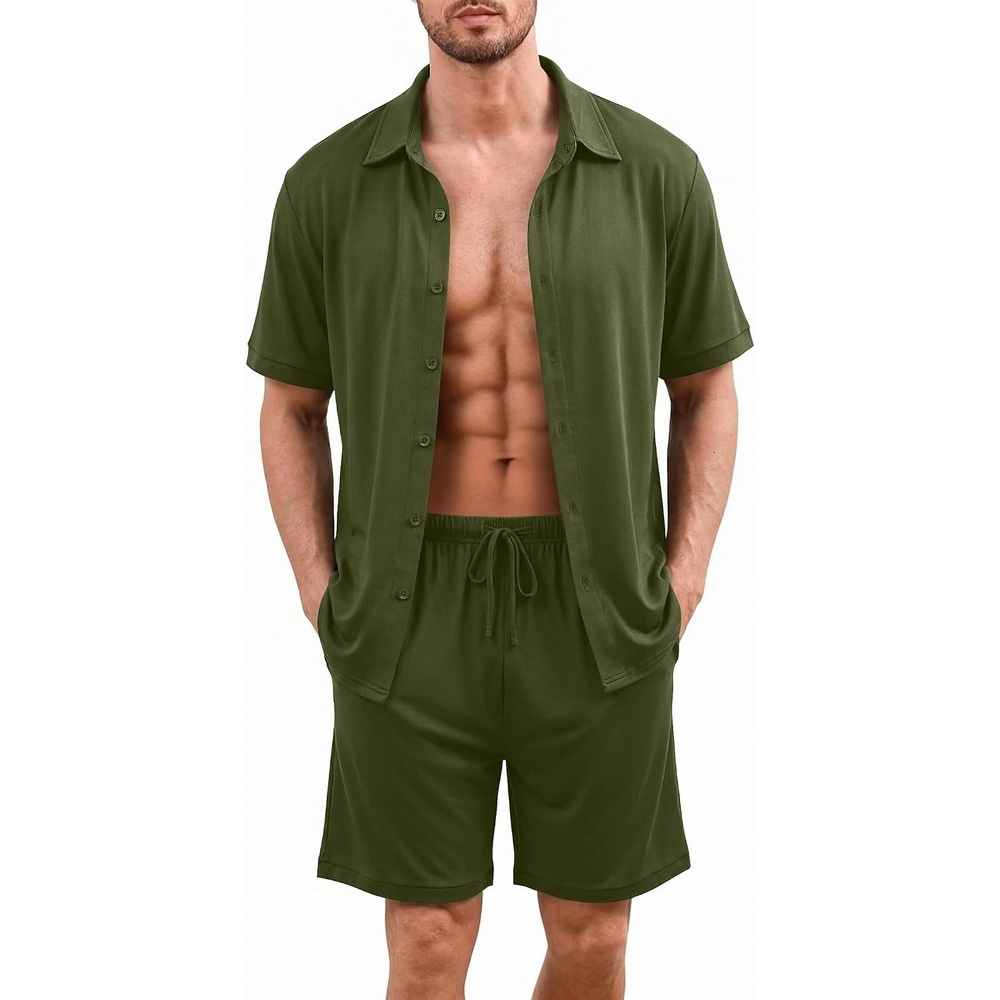 image:imageEkouaer Mens Hawaiian Shirt and Shorts Sets 2 Piece Beach Outfits Button Down Summer Pajamas Set Vacation Lounge Sets XSXXLArmy Green
