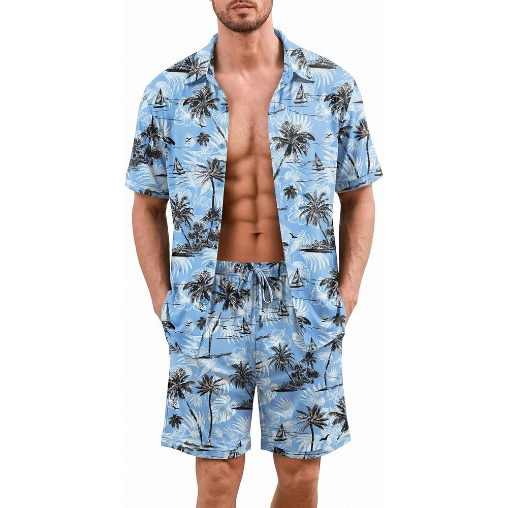 image:imageEkouaer Mens Hawaiian Shirt and Shorts Sets 2 Piece Beach Outfits Button Down Summer Pajamas Set Vacation Lounge Sets XSXXLCoconut Tree Light Blue
