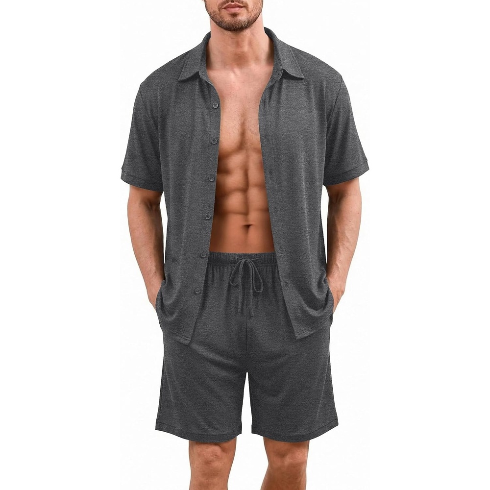 image:imageEkouaer Mens Hawaiian Shirt and Shorts Sets 2 Piece Beach Outfits Button Down Summer Pajamas Set Vacation Lounge Sets XSXXLDark Grey