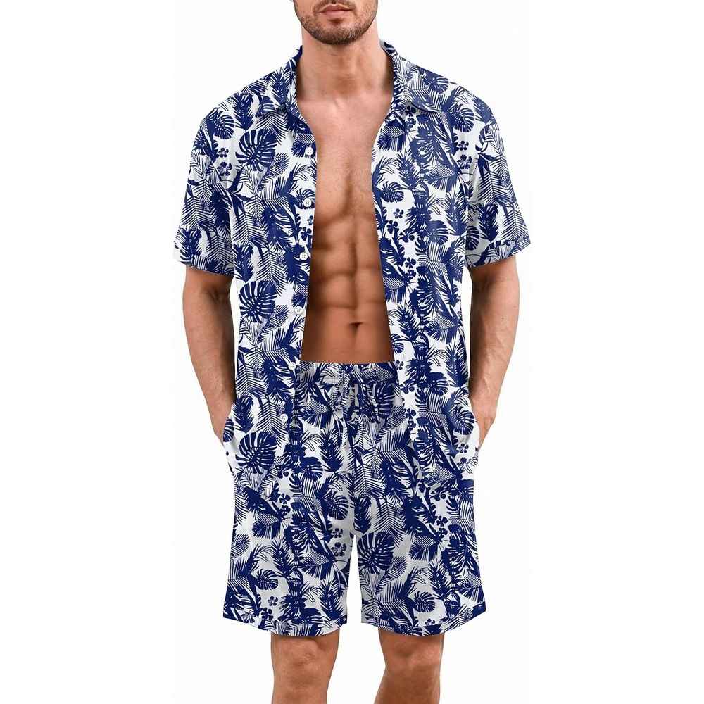 image:imageEkouaer Mens Hawaiian Shirt and Shorts Sets 2 Piece Beach Outfits Button Down Summer Pajamas Set Vacation Lounge Sets XSXXLNavy Blue Hawaiian Leaves