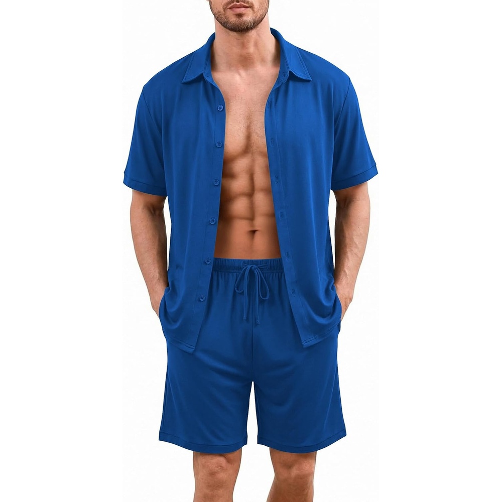 image:imageEkouaer Mens Hawaiian Shirt and Shorts Sets 2 Piece Beach Outfits Button Down Summer Pajamas Set Vacation Lounge Sets XSXXLRoyal Blue