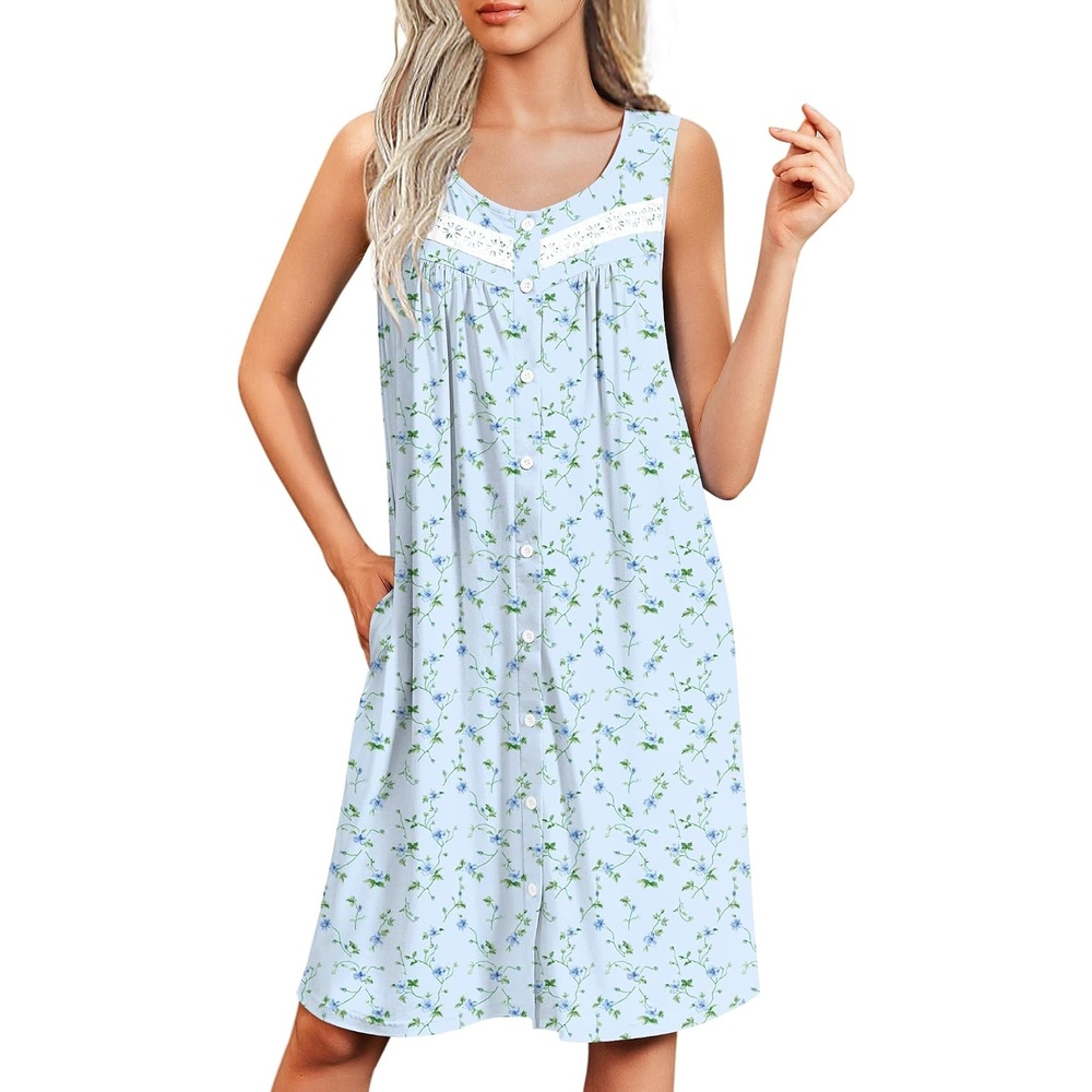 image:imageEkouaer Nightgowns for Women Button Up Sleepshirt Tank Sleeveless Nightshirt Soft Sleepwear with Pockets SXXXLBlue Floral