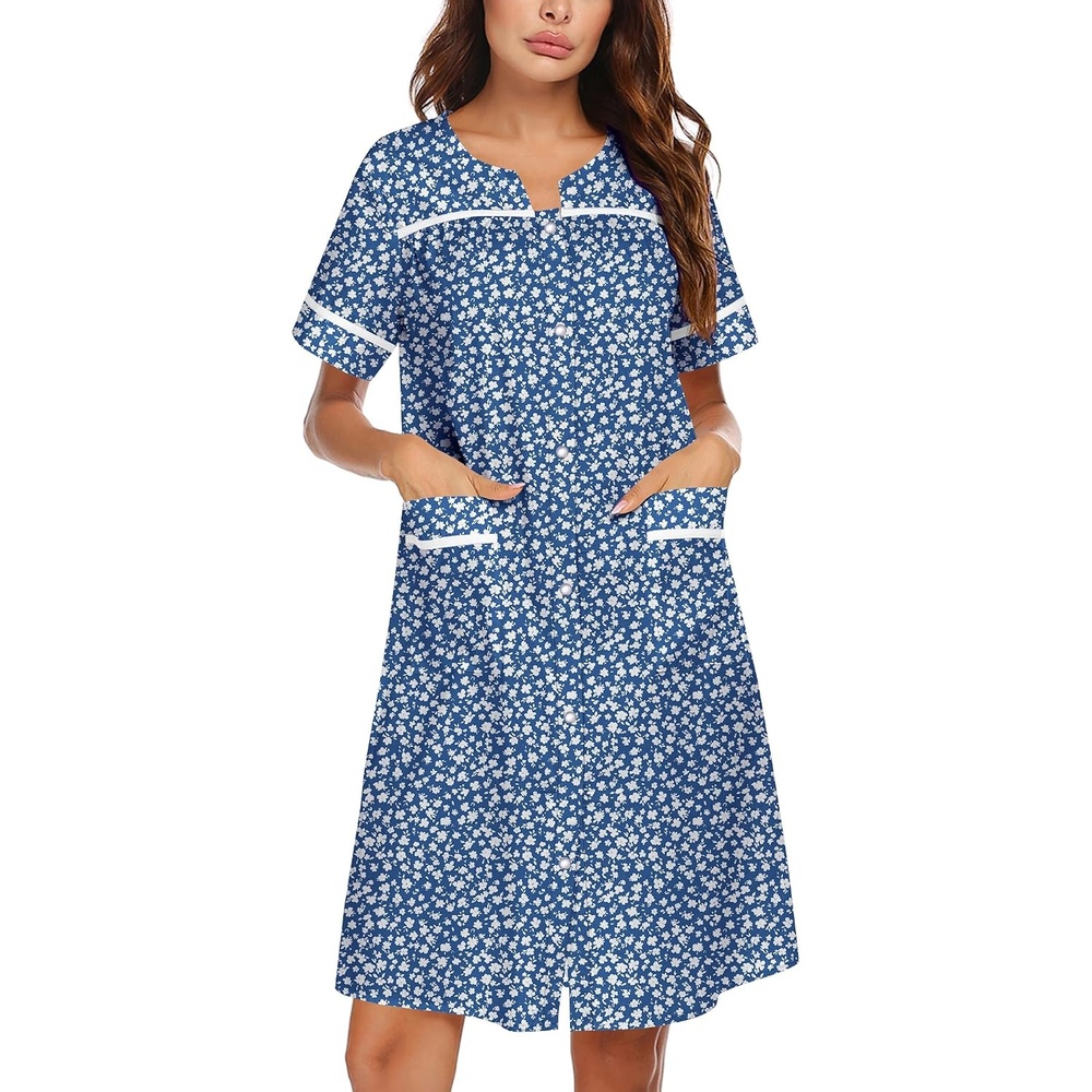 image:imageEkouaer Nightgowns for Women House Dress with Pockets Snap Front House Coat Short Sleeve Duster Moo Moos Sleepwear S3XLBlue Floral