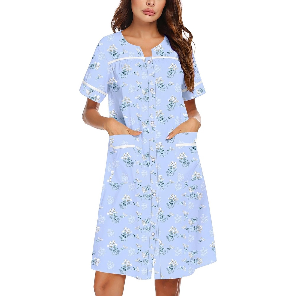 image:imageEkouaer Nightgowns for Women House Dress with Pockets Snap Front House Coat Short Sleeve Duster Moo Moos Sleepwear S3XLBlue Flowers