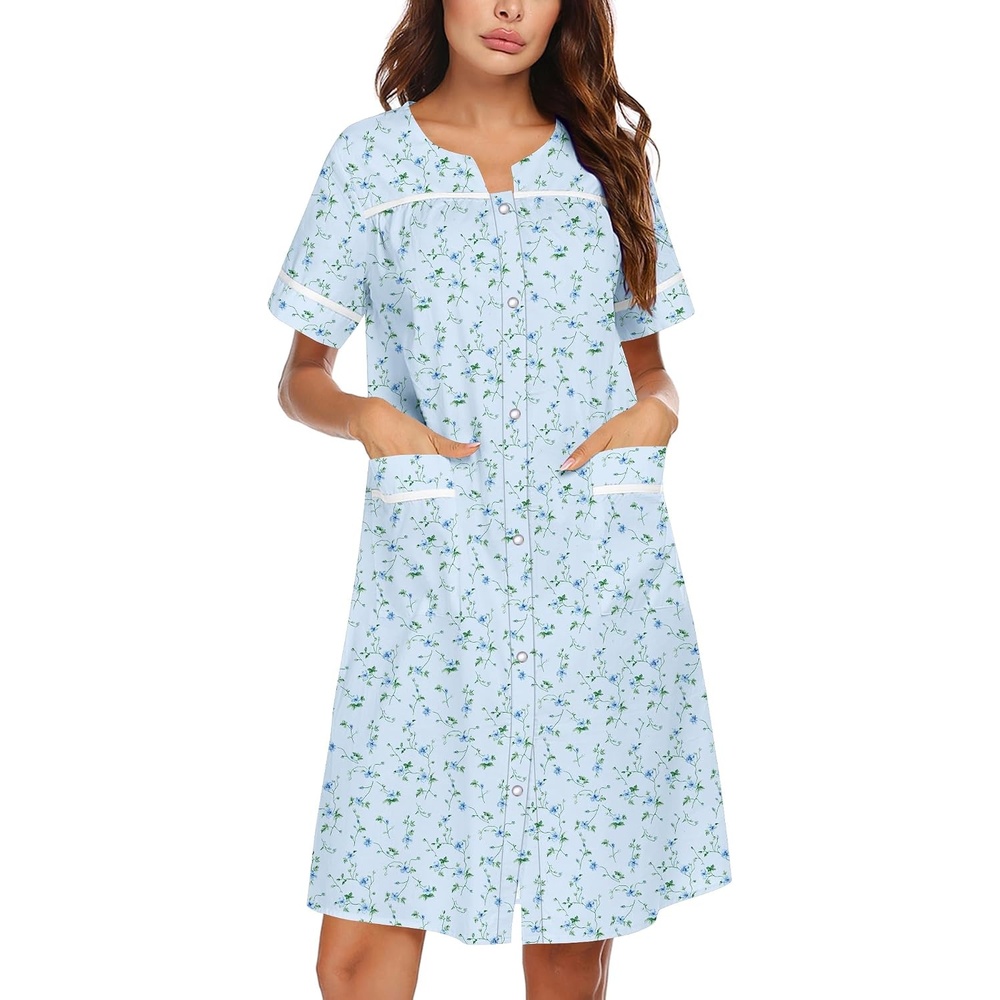 image:imageEkouaer Nightgowns for Women House Dress with Pockets Snap Front House Coat Short Sleeve Duster Moo Moos Sleepwear S3XLLightblue Floral
