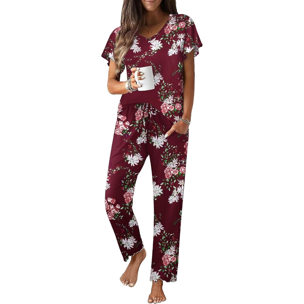 image:imageEkouaer Pajama Sets Womens Short Sleeve Sleepwear Long Pants Pjs 2 Piece Lounge Set Soft Nightwear SXXLWine Flowers