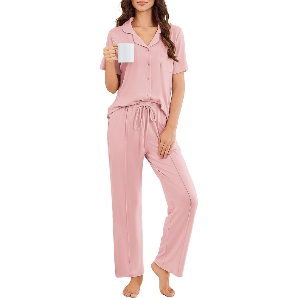 image:imageEkouaer Pajamas for Women Set Button Up Sleepswear 2 Piece Short Sleeve PJ Top and Long Pants Loungwear With Pocket SXXLLight Pink