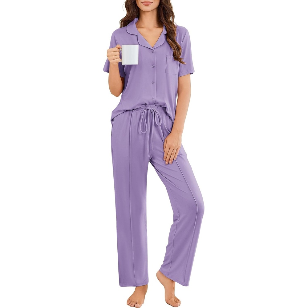 image:imageEkouaer Pajamas for Women Set Button Up Sleepswear 2 Piece Short Sleeve PJ Top and Long Pants Loungwear With Pocket SXXLLight Purple