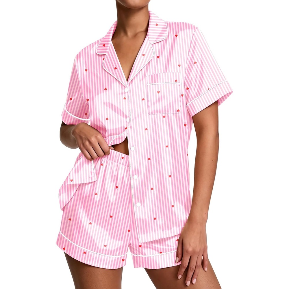 image:imageEkouaer Pajamas for Women Set Silk Satin Pjs Button Down Sleepwear Summer Loungewear Top and Shorts Lounge Set SXXLLove Stripe