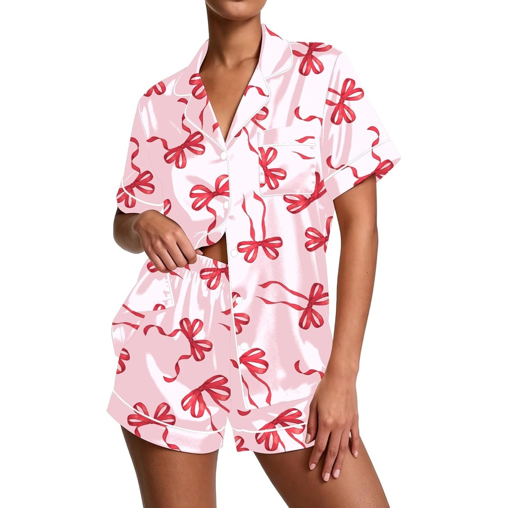 image:imageEkouaer Pajamas for Women Set Silk Satin Pjs Button Down Sleepwear Summer Loungewear Top and Shorts Lounge Set SXXLRed Bow