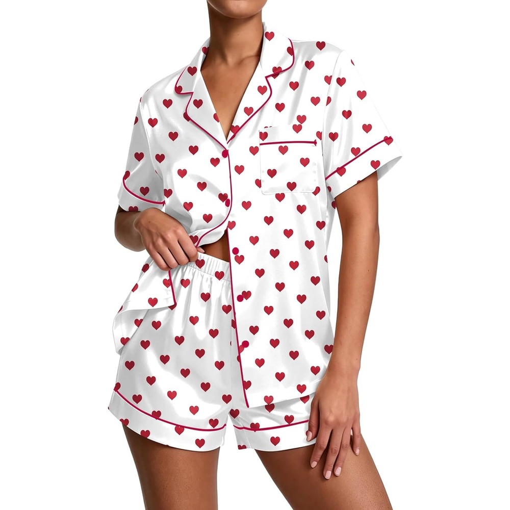 image:imageEkouaer Pajamas for Women Set Silk Satin Pjs Button Down Sleepwear Summer Loungewear Top and Shorts Lounge Set SXXLRed Heart