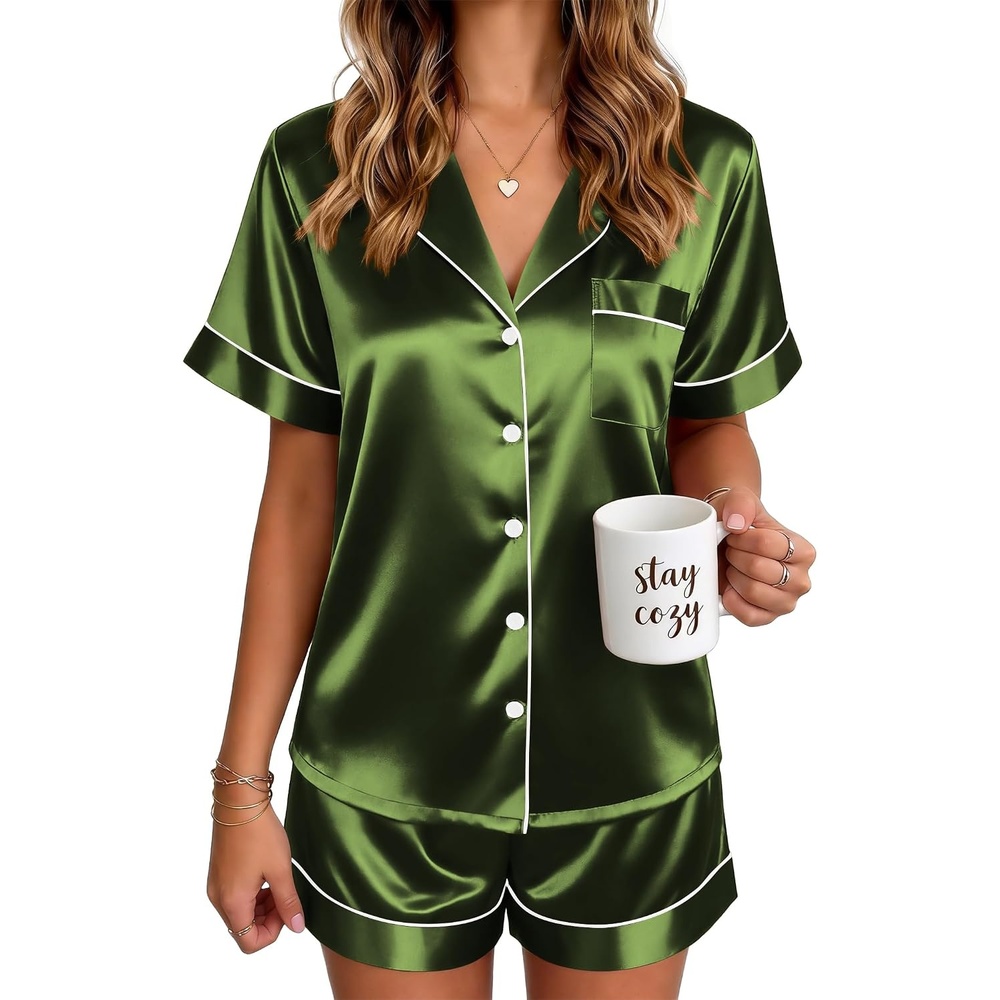 image:imageEkouaer Satin Pajamas for Women Silk Pjs Short Set 2 Piece Button Up Lounge Sets Short Sleeve Sleepwear SXXLDark Army Green