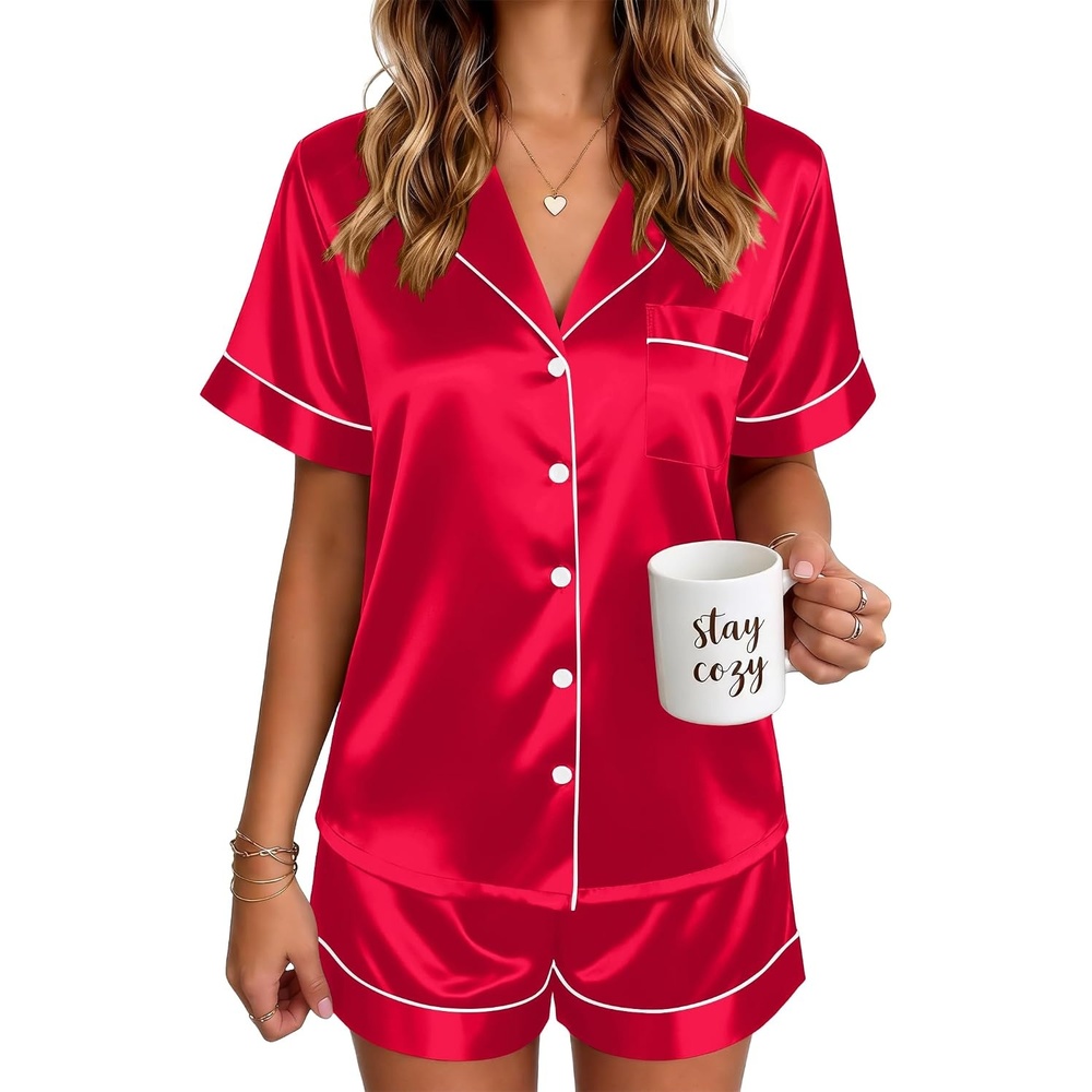 image:imageEkouaer Satin Pajamas for Women Silk Pjs Short Set 2 Piece Button Up Lounge Sets Short Sleeve Sleepwear SXXLRed