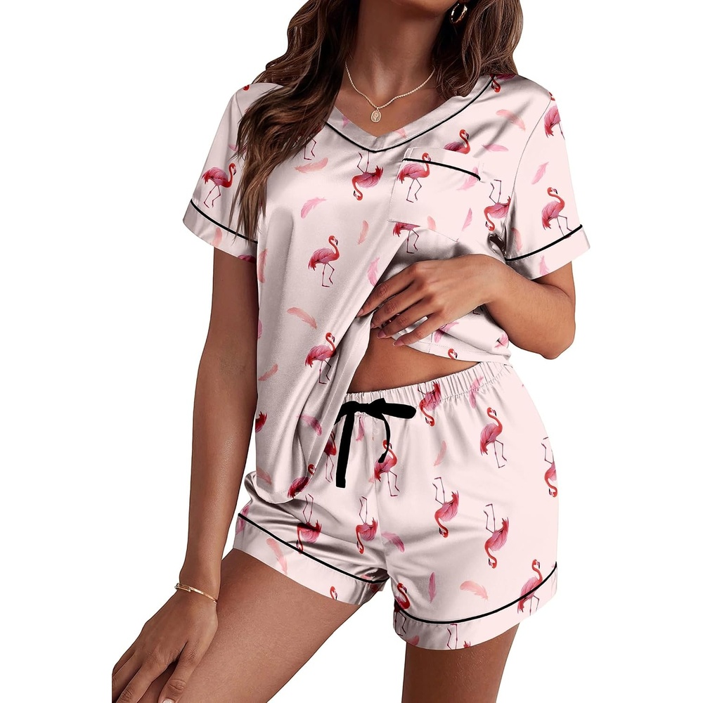 image:imageEkouaer Silk Pajama for Women Short Sleeve Satin Pj Set Two Piece Soft Sleepwear Loungewear SXXLFlamingo