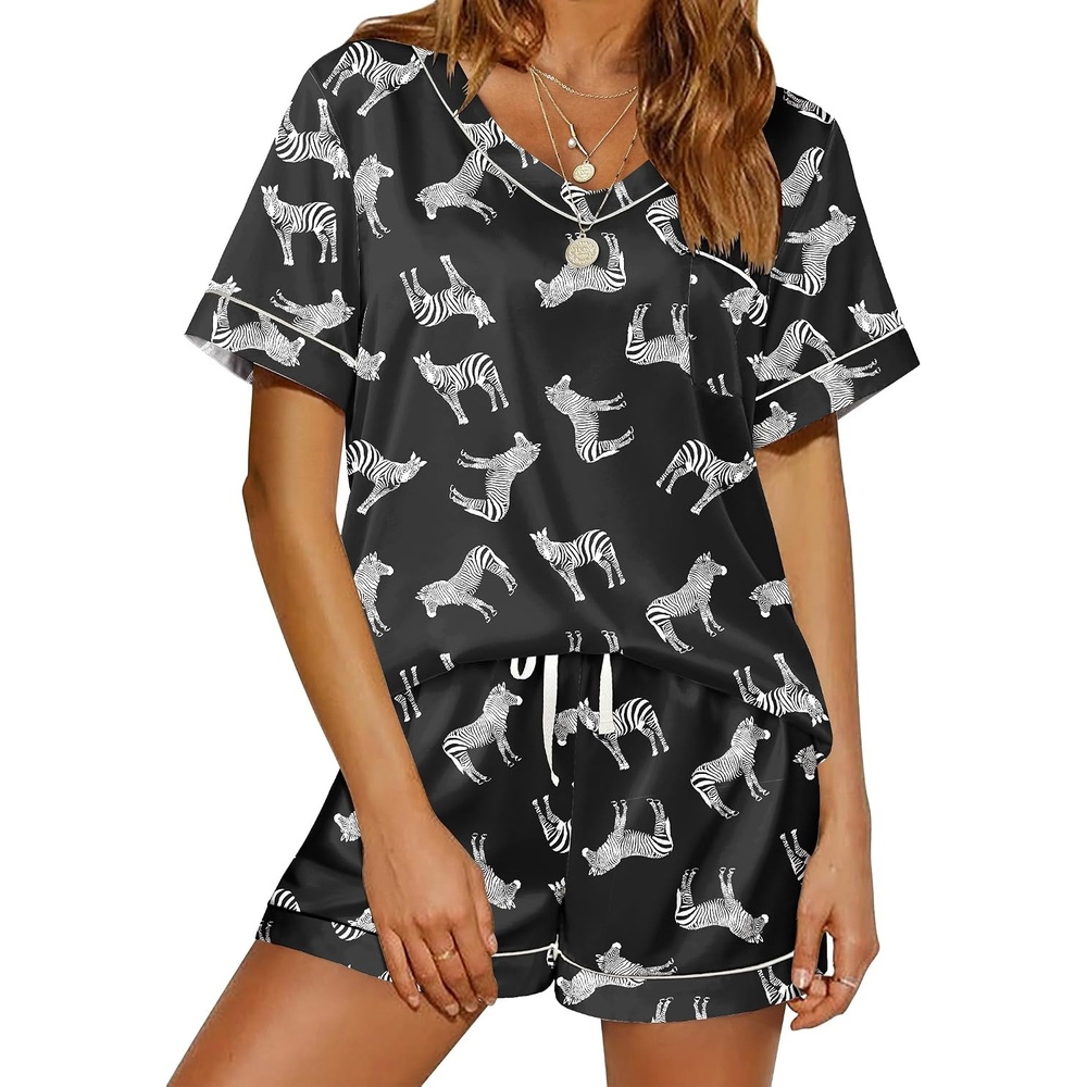 image:imageEkouaer Silk Pajama for Women Short Sleeve Satin Pj Set Two Piece Soft Sleepwear Loungewear SXXLZebra