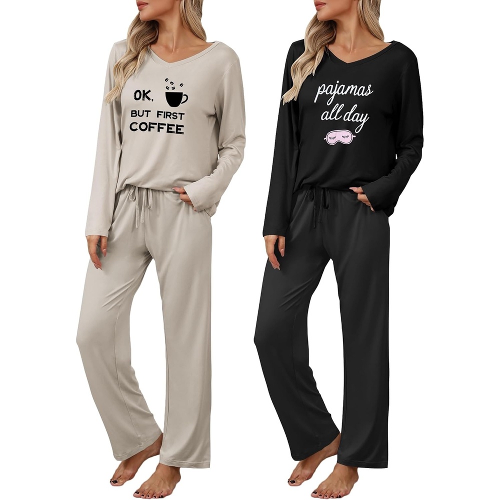 image:imageEkouaer Womens 2 Pack Pajama Set Long Sleeve Pajamas Top and Pants V Neck Pjs Set Soft Loungewear with PocketsGrey Coffee black Print