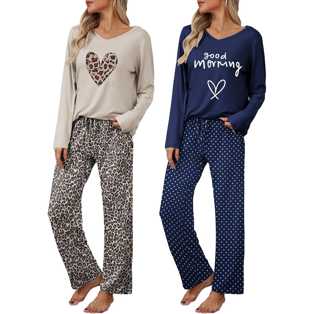 image:imageEkouaer Womens 2 Pack Pajama Set Long Sleeve Pajamas Top and Pants V Neck Pjs Set Soft Loungewear with PocketsNavy Polka Dot leopard Print Love