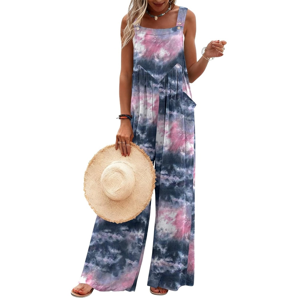 image:imageEkouaer Womens Casual Overalls Loose Wide Leg Jumpsuits Summer Boho Floral Printed Baggy Rompers with PocketsPink Grey Tie Dye