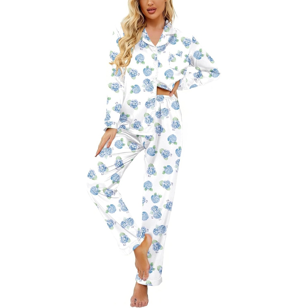 image:imageEkouaer Womens Classic Button Down Long Satin Silk Pajama SetBlue Floral Print