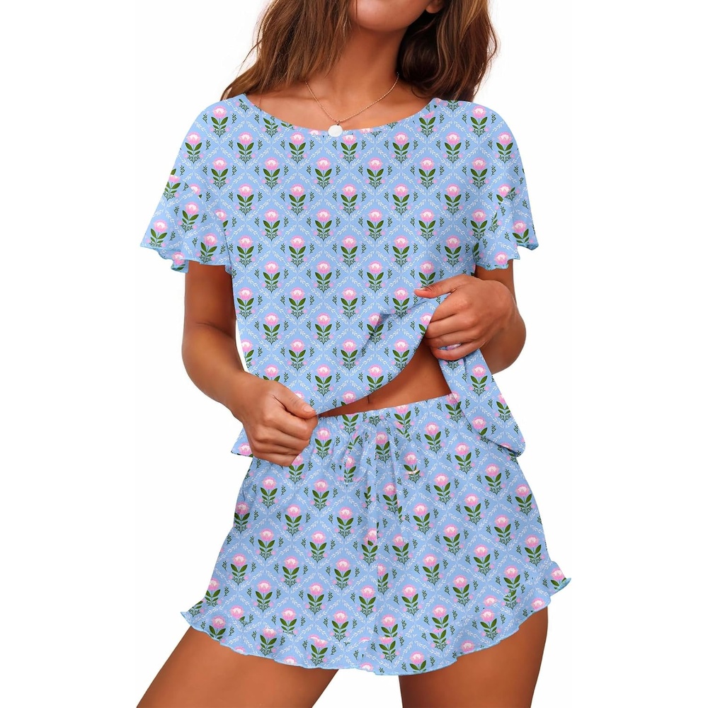 image:imageEkouaer Womens Pajama Set Ruffle Sleeves Top and Short Soft 2 Piece Loungewear SetRabbits and Flowers