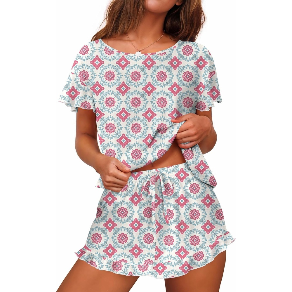 image:imageEkouaer Womens Pajama Set Ruffle Sleeves Top and Short Soft 2 Piece Loungewear SetSilhouette Flower Leaves