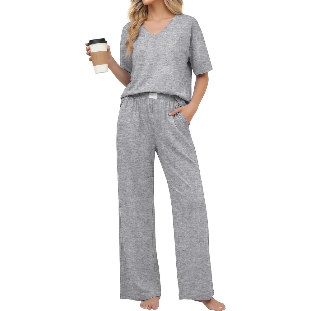 image:imageEkouaer Womens Pajama Sets Cotton Short Sleeve Sleepwear Long Pants Lounge Set Soft Pjs with Pockets SXXLLight Grey