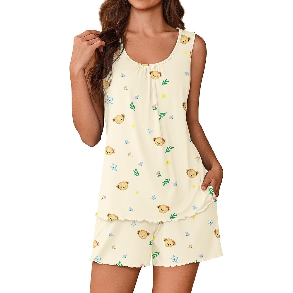 image:imageEkouaer Womens Pajama Sets Viscose from Bamboo Sleeveless Lounge Sets Soft Tank Top and Shorts 2 Piece Pj Sets with PocketsTeddy Bear