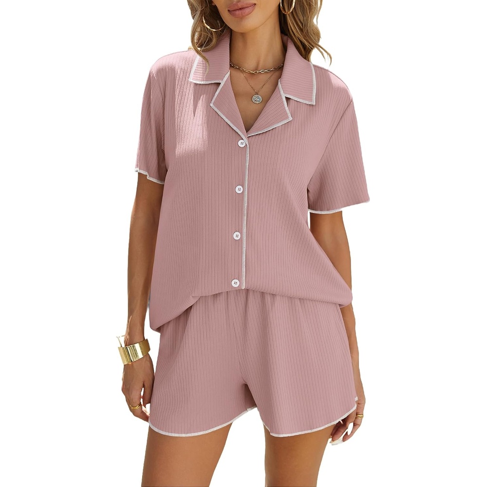 image:imageEkouaer Womens Ribbed Button Down Pajamas Sets 2 Piece Short Sleeve Shorts Pjs Knit Lounge SetsBlush Pink