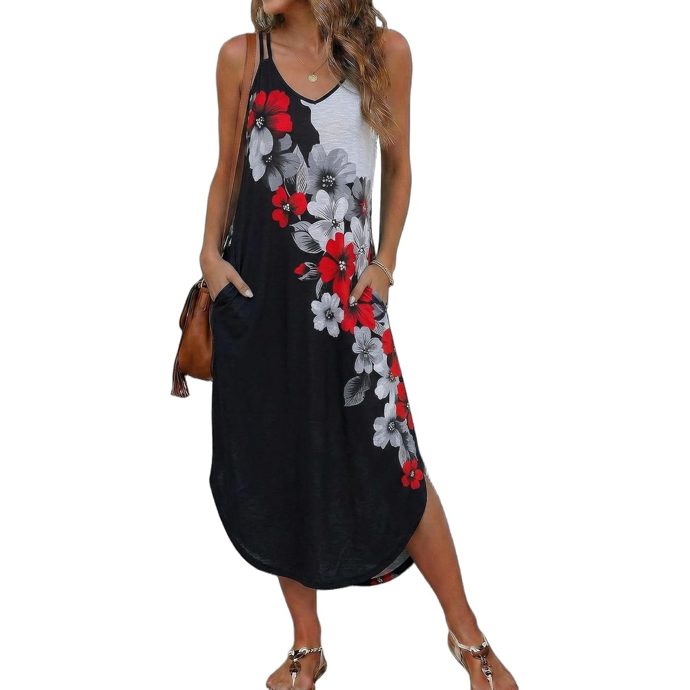 image:imageEkouaer Womens Swimsuit Beach Cover Up Dress Spaghetti Strap V Neck Swimwear A Line 2026 Bathing Suit Coverups with PocketsFlower Lotus
