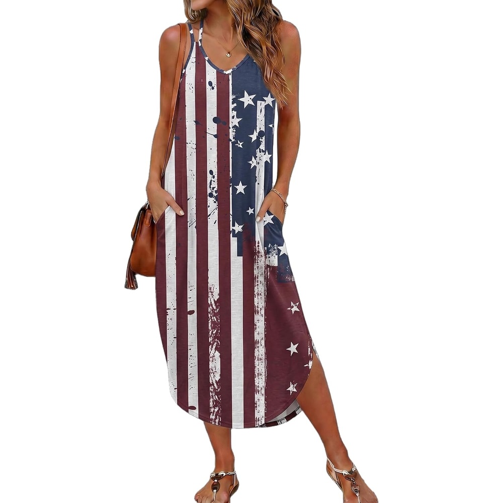 image:imageEkouaer Womens Swimsuit Beach Cover Up Dress Spaghetti Strap V Neck Swimwear A Line 2026 Bathing Suit Coverups with PocketsNational Flag